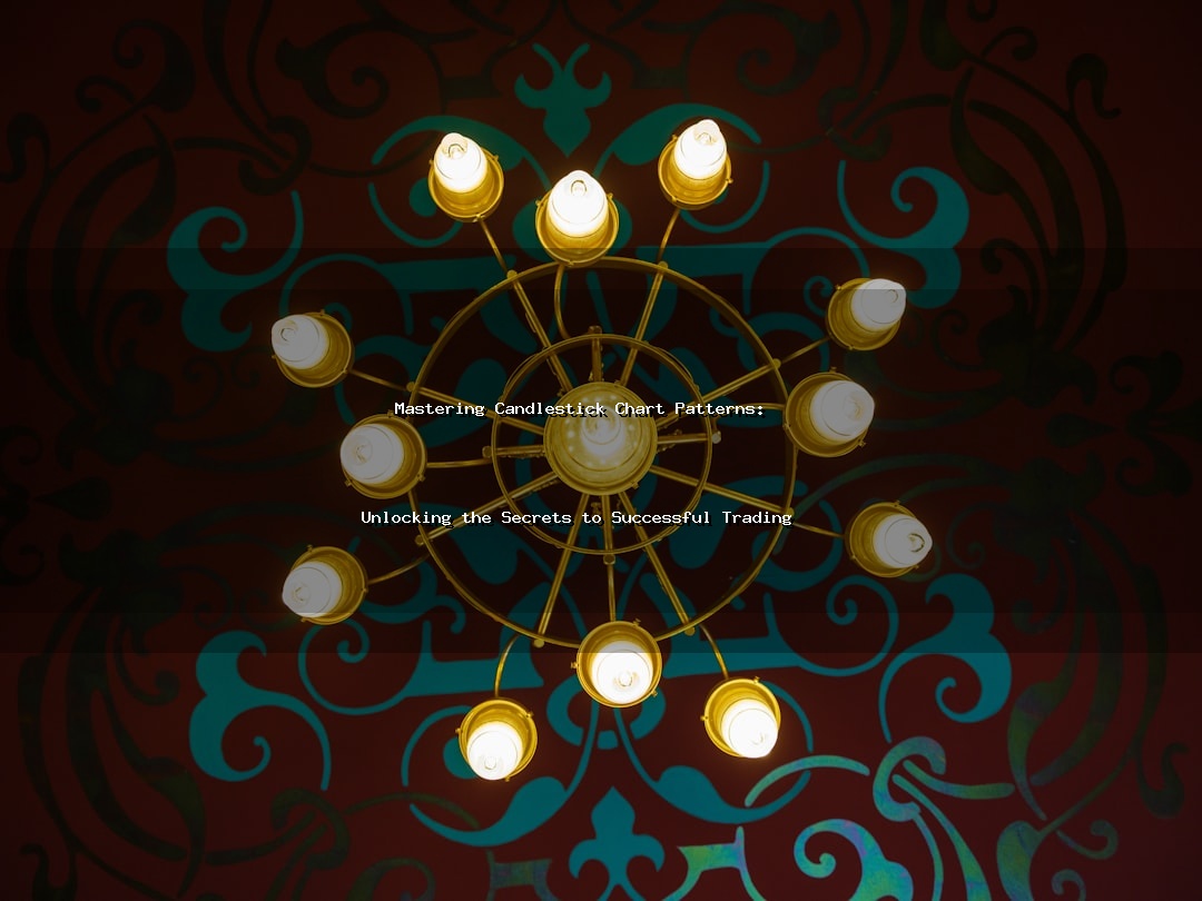 A golden chandelier illuminates against a patterned background.
